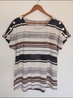 Truself Striped Short Sleeve Blouse with Button Accents - Cream, Brown & Gray